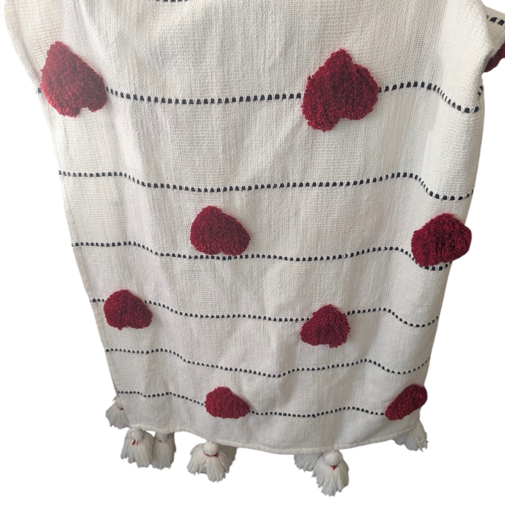 Cream Throw Blanket with Burgundy Tufted Heart Accents